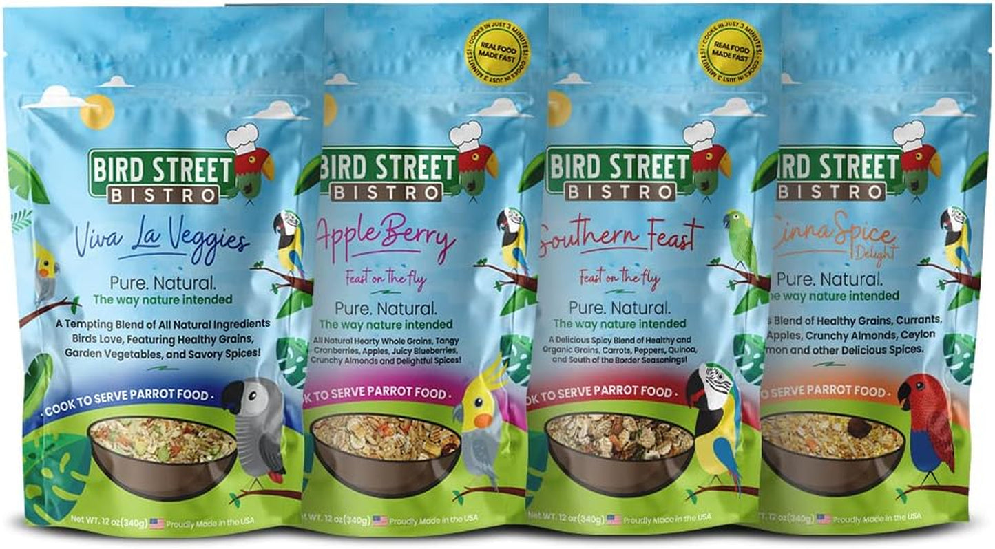 Parrot Food Sample 4 Pack - Parakeet Food - Cockatiel Food - Bird Food - Cooks in 3-15 Min W/ Natural & Organic Grains - Healthy, Non-Gmo Fruits, Healthy Orientated Spices