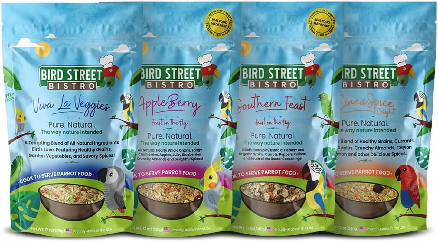 Parrot Food Sample 4 Pack - Parakeet Food - Cockatiel Food - Bird Food - Cooks in 3-15 Min W/ Natural & Organic Grains - Healthy, Non-Gmo Fruits, Healthy Orientated Spices