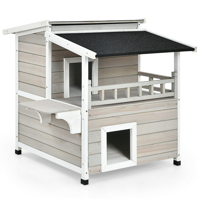 2-Story Wooden Cat House with Escape Door Rainproof