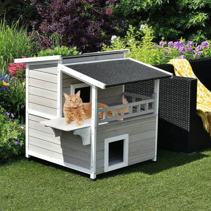 2-Story Wooden Cat House with Escape Door Rainproof