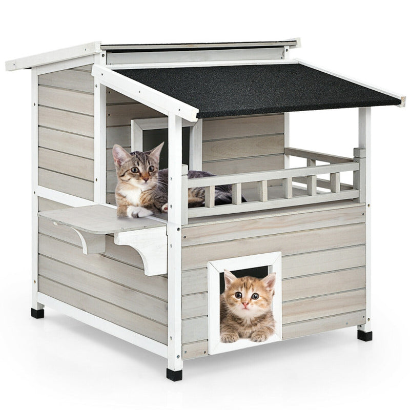 2-Story Wooden Cat House with Escape Door Rainproof