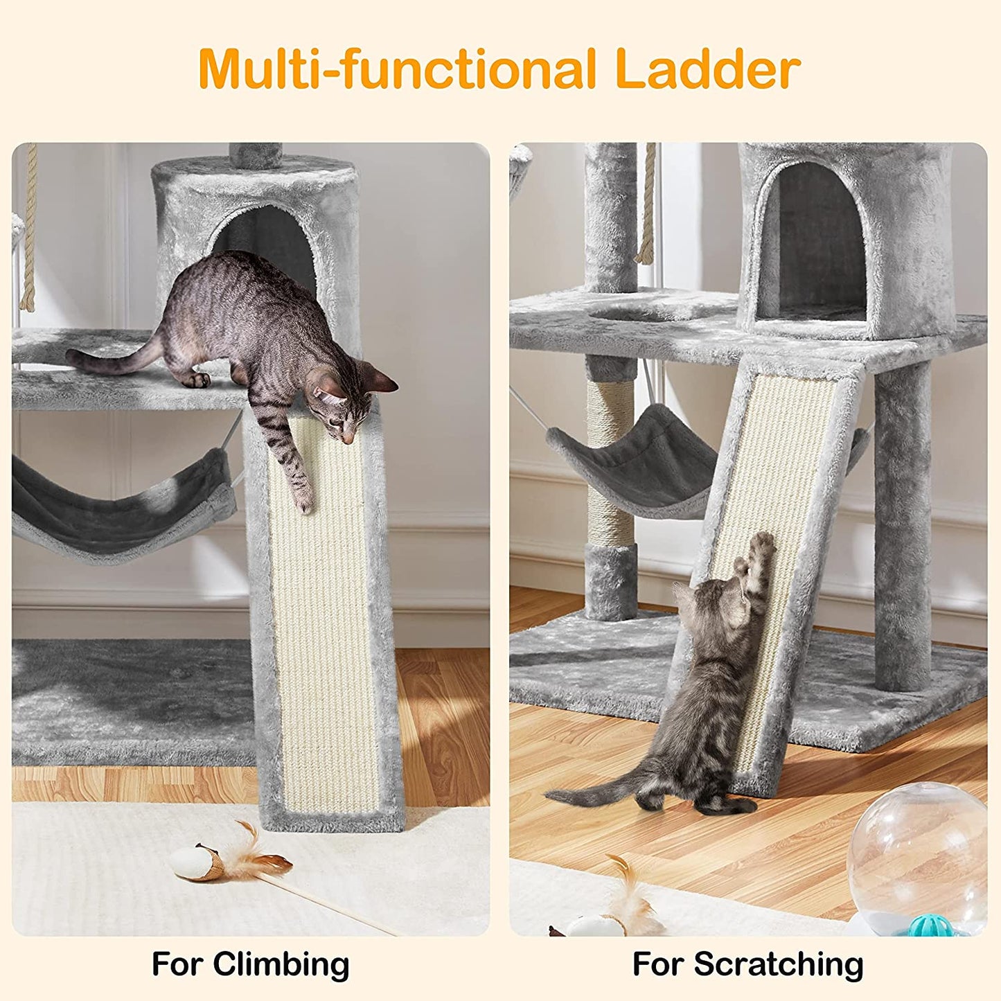 63.5In Multi-Level Cat Tree Tower Condo with Scratching Posts, Platform & Hammock, Cat Activity Center Play Furniture for Kittens, Cats, and Pets