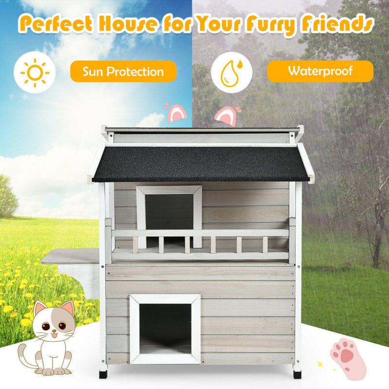 2-Story Wooden Cat House with Escape Door Rainproof