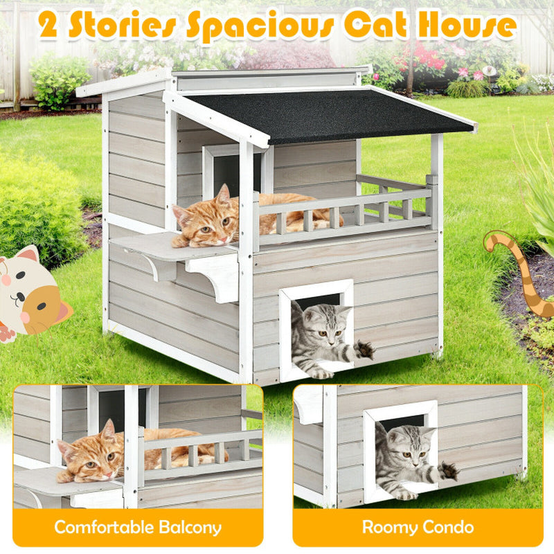 2-Story Wooden Cat House with Escape Door Rainproof