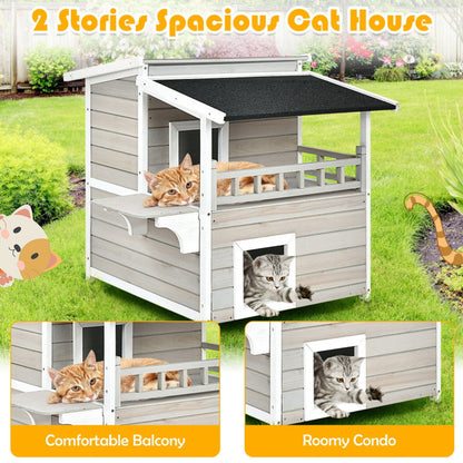 2-Story Wooden Cat House with Escape Door Rainproof