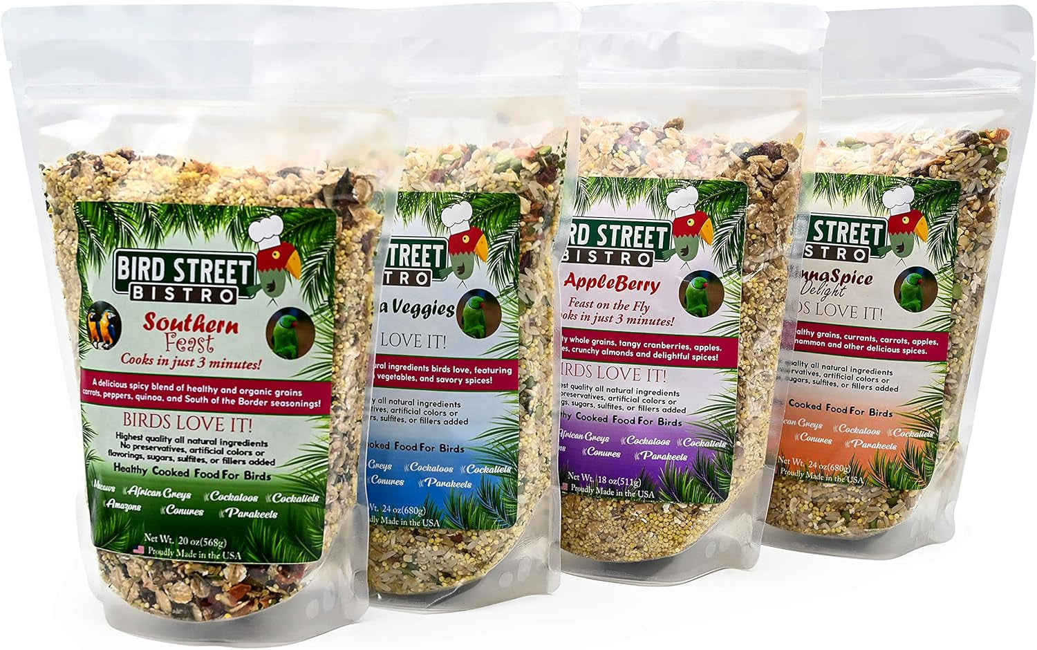 Parrot Food Sample 4 Pack - Parakeet Food - Cockatiel Food - Bird Food - Cooks in 3-15 Min W/ Natural & Organic Grains - Healthy, Non-Gmo Fruits, Healthy Orientated Spices