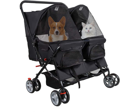 Double Pet Stroller, Foldable Double Dog Stroller for 2 Dogs Cats with 4 Wheels, Twin Walk Jogger Travel Pet Carriage Cart with Storage, Black