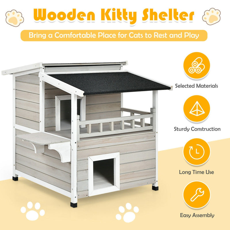 2-Story Wooden Cat House with Escape Door Rainproof