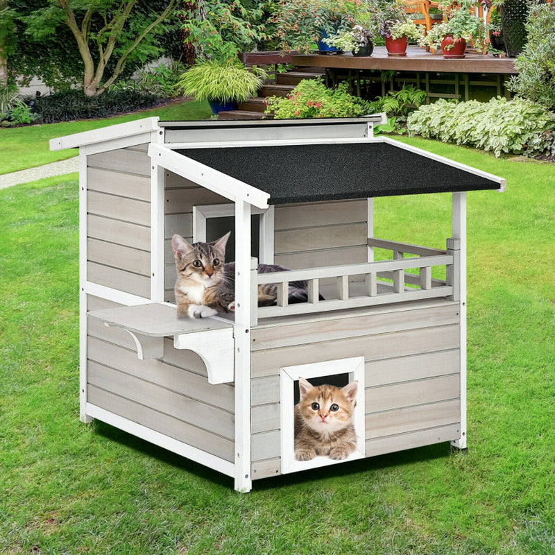 2-Story Wooden Cat House with Escape Door Rainproof